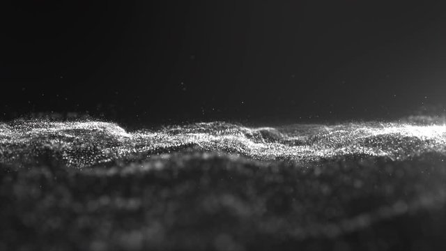 Digitally generated motion graphic mysterious particles wave flowing abstract in cyber space technology de-focus background