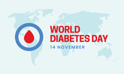 World diabetes day awareness poster. blood drip symbol inside blue circle ring logo badge design on world map background vector illustration