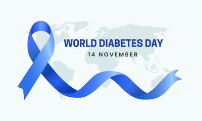 World diabetes day awareness poster banner background design with blue ribbon symbol on world map banner vector illustration