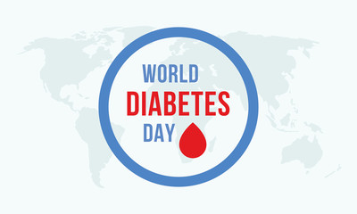 World diabetes day awareness poster blood drip symbol with blue circle ring frame logo badge design on world map background vector illustration