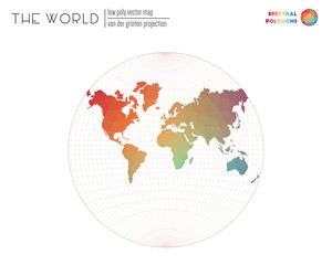 World map with vibrant triangles. Van der Grinten projection of the world. Spectral colored polygons. Stylish vector illustration.