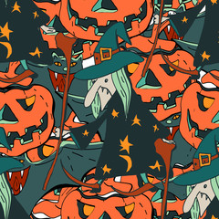 Halloween background. Vector seamless patternwith pumpkins, vampires, witches, spiders, bats.