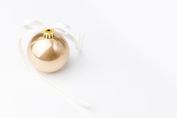 Christmas balls with ribbon on white background. Christmas decor and toys. 