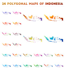 Set of vector polygonal maps of Indonesia. Bright gradient map of the country in low poly style. Multicolored Indonesia map in geometric style for your infographics.