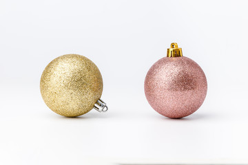 Two Christmas balls on white background. Christmas decor and toys. 