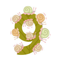 Numeral 9 and nine snails. Vector illustration on a white background.