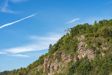 Fototapeta premium Overhead cable car in Italian Alps, Val di Fiemme, Cavalese, Cermis, Trentino Alto Adige, Italy, south Europe