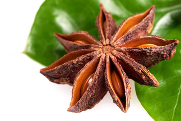 star anise with green leaves on a white background, isolate. concept: coffee with spices, Oriental coffee.