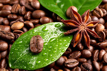 star anise with green leaves with dew on the background of coffee beans. concept: freshness of coffee beans, coffee with spices, Oriental coffee