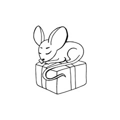 black and white vector illustration of mouse with gift.