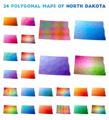 Set of vector polygonal maps of North Dakota. Bright gradient map of us state in low poly style. Multicolored North Dakota map in geometric style for your infographics.