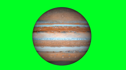 Isolated Jupiter planet with satellites rotating. Beautiful gas planet on green screen, alpha channel. 