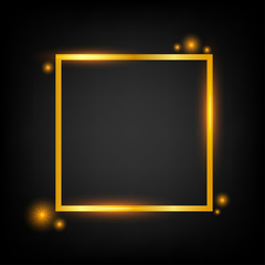 Vector golden frame with lights effects. Rectangle banner. Glowing magic frame. Vector illustration.