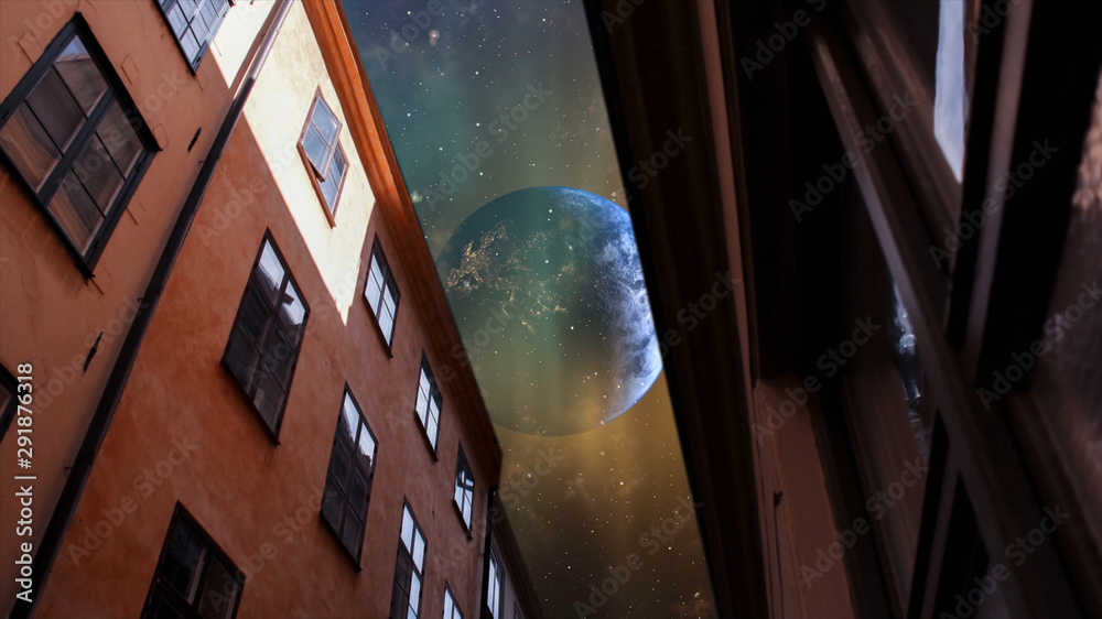 Wall mural house with world view. night time and surrealistic 3d rendering, colonization on different planet wh