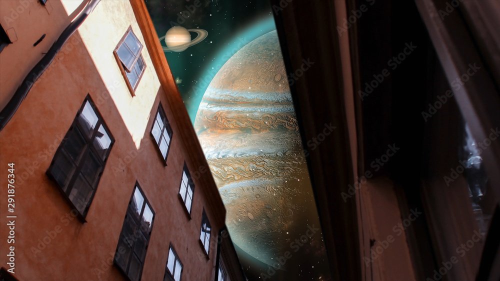 Canvas Prints house, building with cosmos view. jupiter, saturn and uranus. surrealistic 3d rendering. solar syste