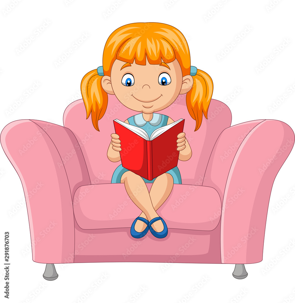 Sticker cartoon little girl reading a book sitting on sofa