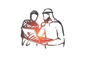 Business meeting, teamwork and cooperation concept sketch. Hand drawn isolated vector