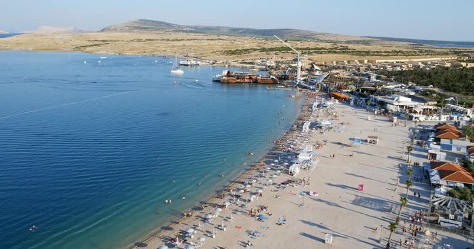  Aerial scene of the Zrce beach on Pag island, Adriatic Sea, Croatia 
