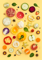 Cross section sliced vegan food on coloured background still life image.