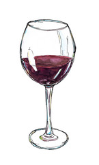 Watercolor hand drawn sketch illustration with glass of red wine isolated on white