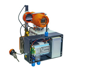 Modern industrial high precision digital gas meter with front cover removed. Isolated on white background