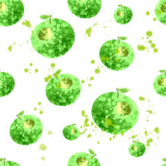  Seamless pattern: isolated green apples in low poly style and watercolor spots on a white background. vector. Illustration.