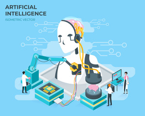 Artificial intelligence. Technology concept with robot and engineer illustration