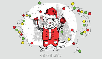 New Year card. Christmas card. Mouse hand drawn illustration. 
