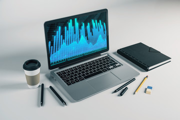 Laptop closeup with forex graph on computer screen. Financial trading and education concept. 3d rendering.