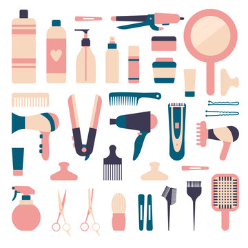 A set of elements for hairdressing. Different tools and hair products on white background. Vector image
