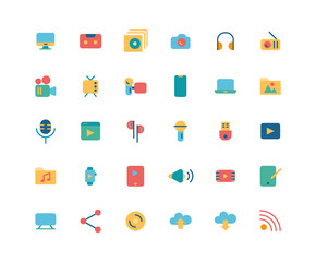 Media flat icon set, Vector and Illustration.