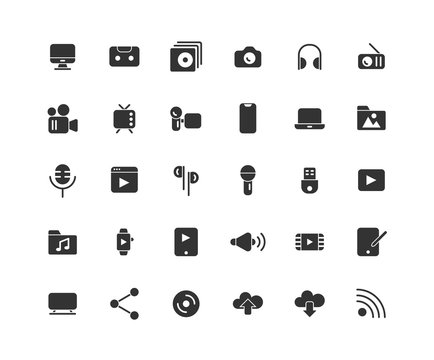 Media solid icon set, Vector and Illustration.