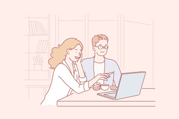 Startup, cooperation, business, online store concept. Young businessmen and businesswomen colleagues or partners discuss a new project in the office. Happy smiling Man and woman couple or family