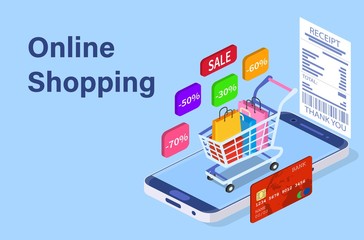 Isometric Smart phone online shopping concept. Online store, shopping cart icon. Ecommerce. Vector illustration in flat style
