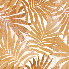 Gold colored fan palm leaves seamless pattern. Golden tropical leaf background.
