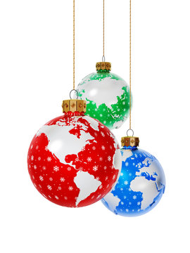 Christmas baubles with earth map isolated on white background. 3D rendering