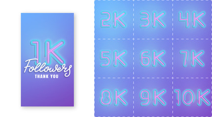 Followers thank you template. Set for social media celebrate subscribers milestone with neon numbers