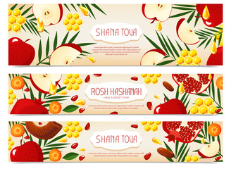 Shana Tova. Set of new year banners with honey, shofar, apple, pomegranate, carrot, palm. Happy New Year in Israeli.