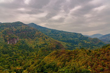 Fototapeta premium Autumn landscape view in Rhodope Mountains with green, yellow and orange leafs 
