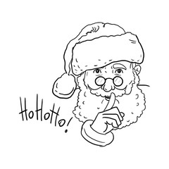 raster monochrome illustration of a smiling Santa Claus with raised finger.