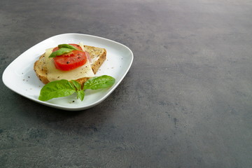 breakfast sandwich on plate. concrete gray table