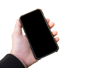 black screen mobile phone in hand on white background