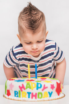 little kid blows a candle on the cake on his birthday