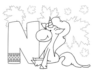 The letters of the alphabet with cute unicorns and ponies. On a white background.  Initial a with cute unicorn. Can be used for worksheet for preschool and handwriting exercises. Letter N.