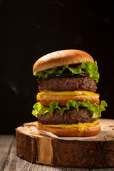 Tasty and fresh burger on wood