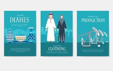 Dubai vector brochure cards set. Country template of flyear, magazines, posters, book cover, banners. Travel invitation concept background. Layout architecture illustrations modern page