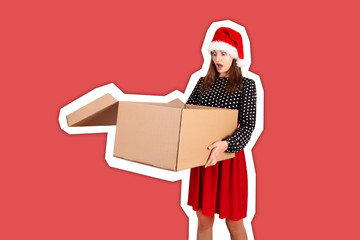 shocked excited girl standing and holding open big gift carton box. Magazine collage style with trendy color background. holidays concept
