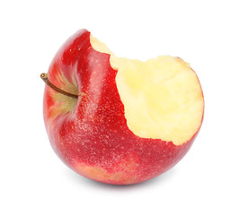 Half eaten red apple on white background