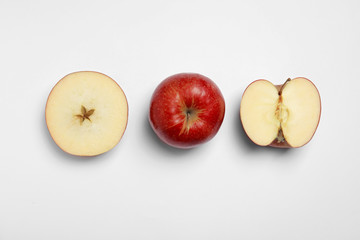 Ripe juicy red apples on white background, top view