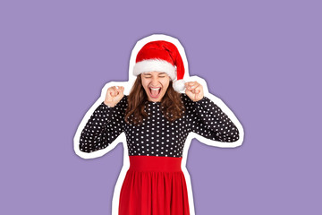 carefree happy and joyful good-looking raises hands up. Magazine collage style with trendy color background. holiday concept